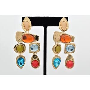 Statement Multi-Stone Drop Earrings Cabochon Crystal Jelly Gold Tone Chunky 9L